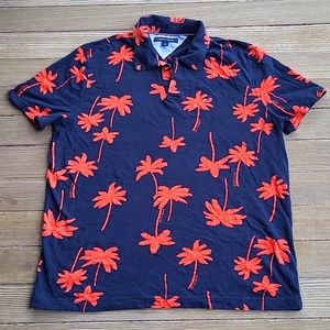 Tommy Hilfiger Navy Blue Polo with Orange Palm Trees Hawiian Print Medium